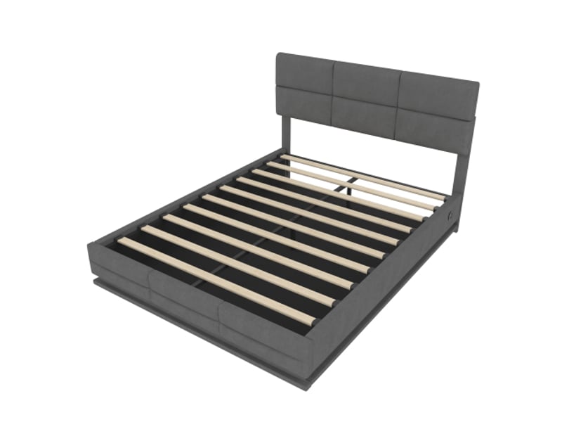  Lit velours gris 140x200 cm - tête réglable électrique, usb-c, led, levage hydraulique, rangement, sans matelas  - Conforama A