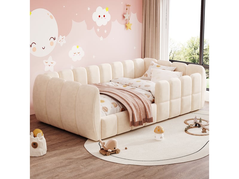  Lit enfant 90 × 200 cm 1 place avec structure rembourrée fermée et angles arrondis, sans matelas, beige  - Conforama B