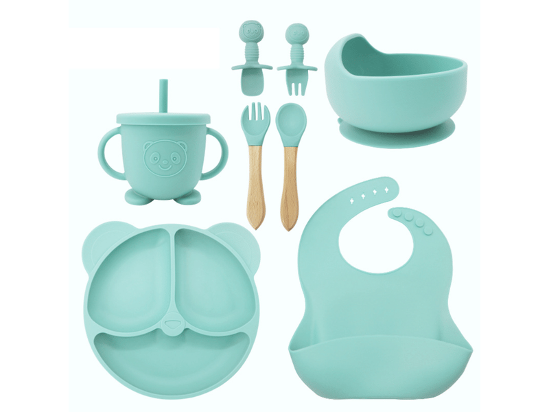  Ensemble de vaisselle pour enfants en silicone rose, comprenant assiette, cuillère, fourchette, tasse, bavoir et bol  - Conforama D