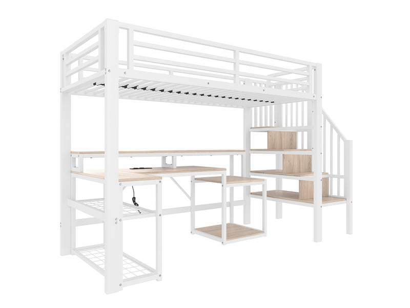 Lit mezzanine avec bureau, escalier rangement, led et usb, métal blanc, 90x200 cm, sans matelas - Conforama D