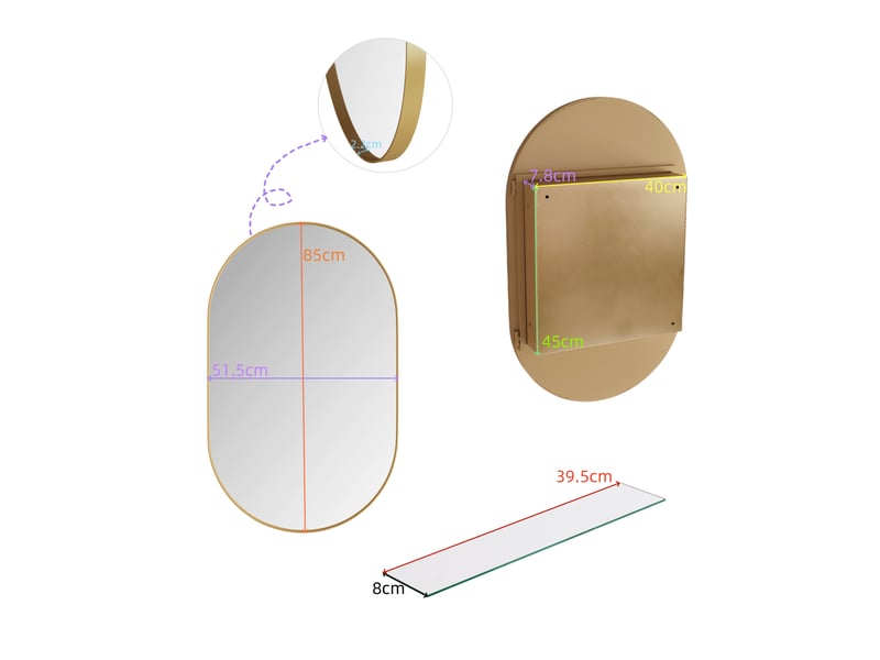  Armoire miroir murale ovale dorée, cadre métal, étagères réglables, encastrable  - Conforama C