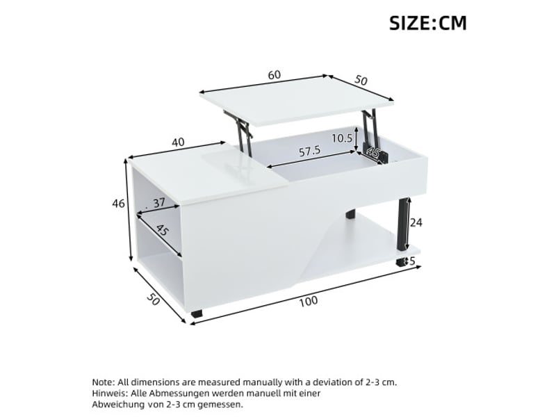  Table basse blanche réglable en hauteur, rangement caché, plateau latéral, design perforé led – 50×100×46 cm  - Conforama C
