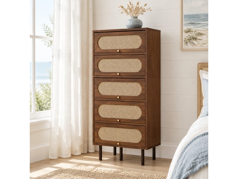  Buffet haut à 5 abattants noyer et rotin 80 x 40 x 163 cm  - Conforama C