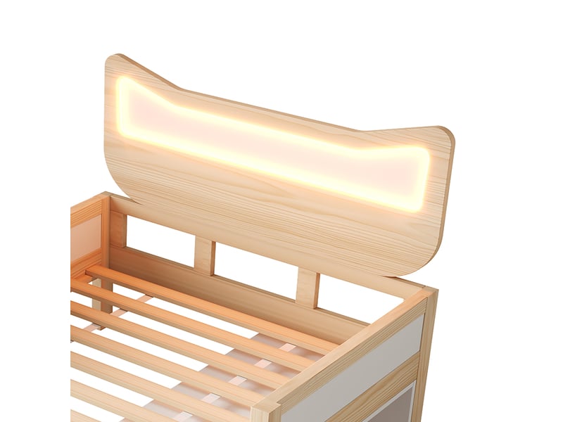 Lit enfant 90x200 cm blanc et chêne – tête de chat, led rgb, rangements, sommier inclus - Conforama E