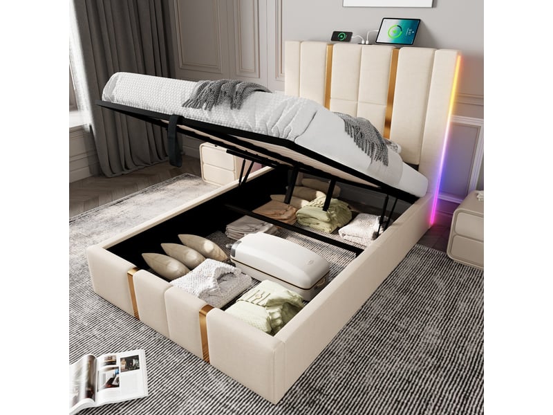  Lit capitonnée en lin beige 90 x 200 cm  - Conforama D
