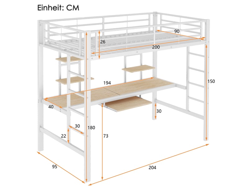 Lit mezzanine 90x200 cm, bureau 194x40 cm, 2 bibliothèques, garde-corps, métal et mdf, blanc, sans matelas - Conforama C