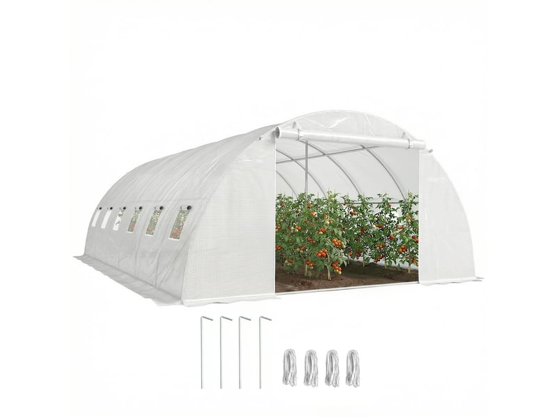 Serre tunnel avec 2 barres de support, 2 portes enroulables et fenêtres en filet, bâche en pe anti-uv, blanche  - Conforama A