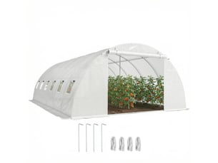 Serre tunnel avec 2 barres de support, 2 portes enroulables et fenêtres en filet, bâche en pe anti-uv, blanche