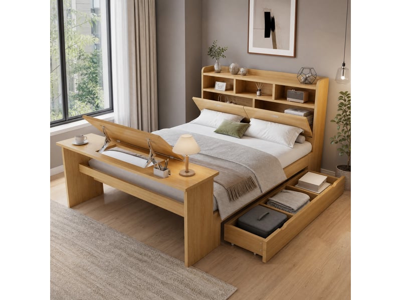 Lit 140 x 200 cm avec rangements, tiroir modulable et table pliante, naturel - Conforama B