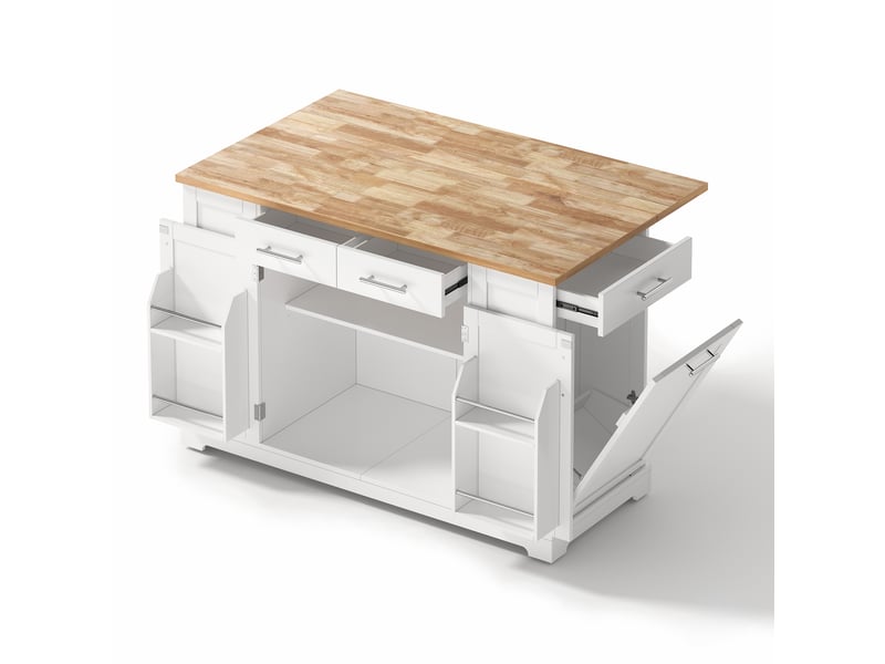 Îlot de cuisine moderne 138 cm avec plan de travail rabattable, blanc et aspect bois, roulettes silencieuses et prises - Conforama C