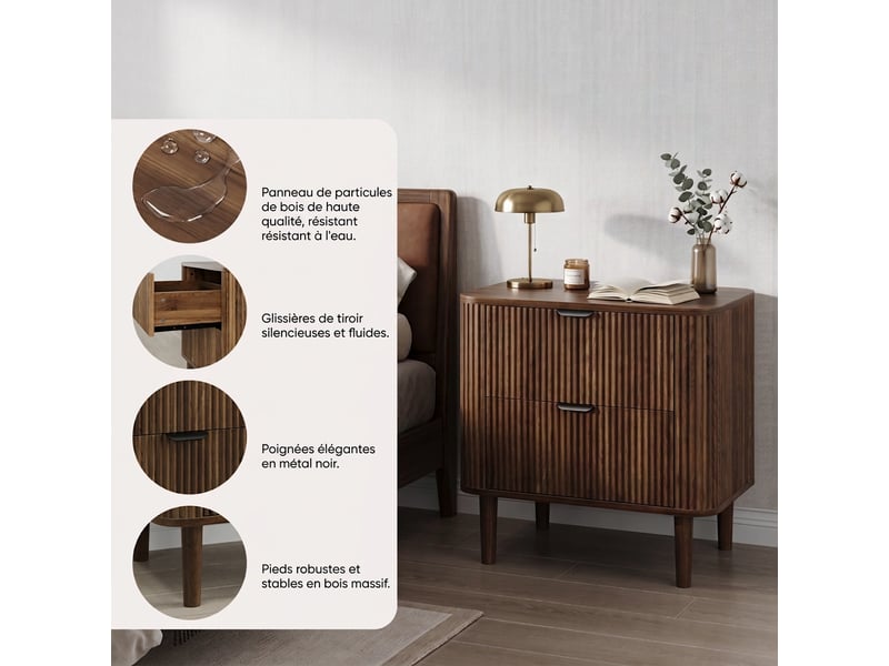  Table de chevet noyer avec 2 tiroirs, finition mdf, style vintage, 57x40x57 cm  - Conforama E