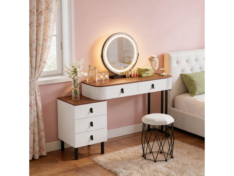 Coiffeuse 125x40x100 cm blanc et marron en mdf, bois et métal, 5 tiroirs, miroir led réglable - Conforama D