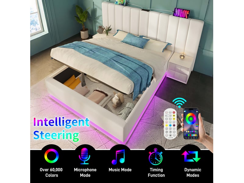  Lit 2 places 180x200 cm – blanc – coffre hydraulique, led connectée et recharge usb-c, sans matelas  - Conforama E