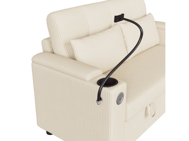 Canapé droit 2 places beige en velours côtelé 136,5 cm avec rangement, usbtype-c, porte-gobelets et coussins N653P7721A - Conforama R