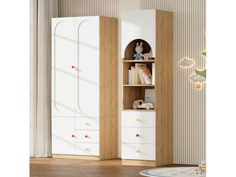  Ensemble armoire 2 portes meuble de rangement 130x50x200 cm, penderie, tiroirs, anti-basculement, mdf blanc naturel  - Conforama B