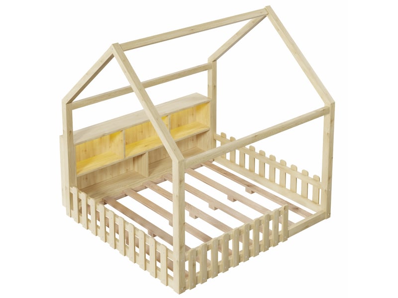  Lit cabane enfant 140x190 cm bois massif,  sommier à lattes, style maison, couchage maisonnette barrière de sécurité, led  - Conforama A