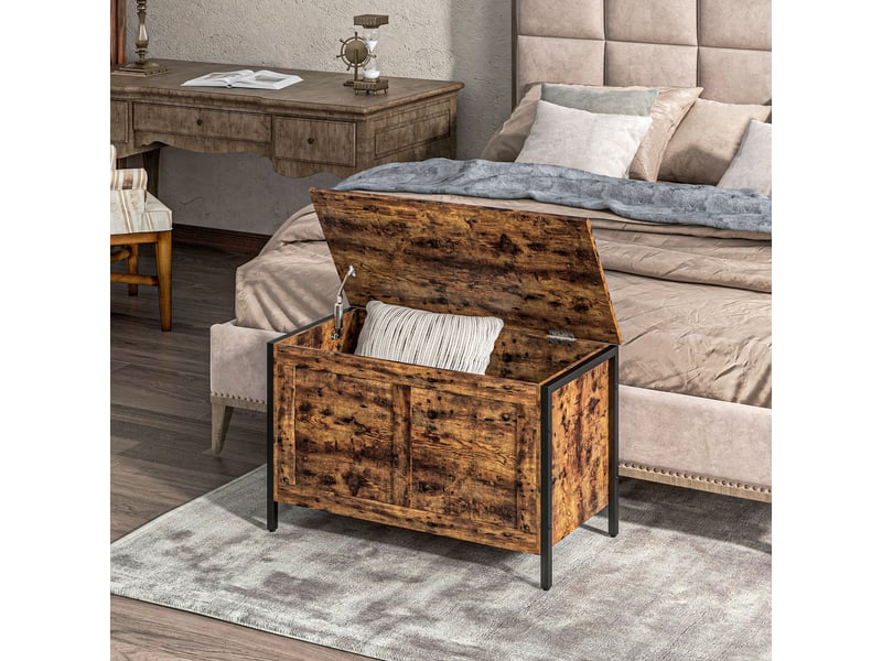  Coffre de rangement en bois de 95 litres, style industriel, avec couvercle et charnière de sécurité, 80 x 40 x 49 cm, marron  - Conforama D