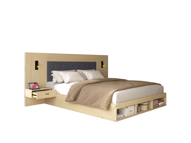  Modenvie lit double avec rangement 180x200 cm - ports usb-c, liseuses orientables, sans matelas - bois clair  - Conforama A