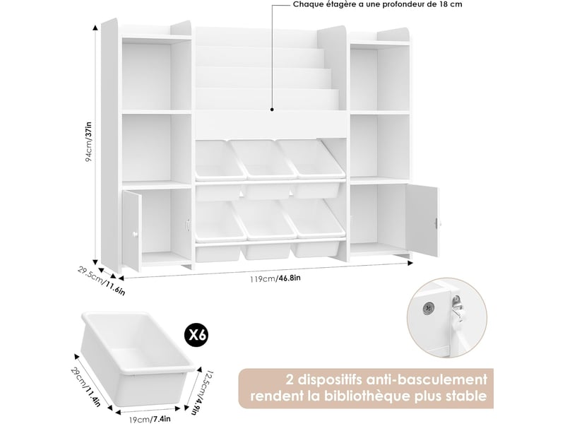  Meuble rangement enfant bibliothèque enfant avec 6 boîtes amovibles 12 étagères rangement jouet enfant pour chambre d’enfant salle de jeu blanc  - Conforama C