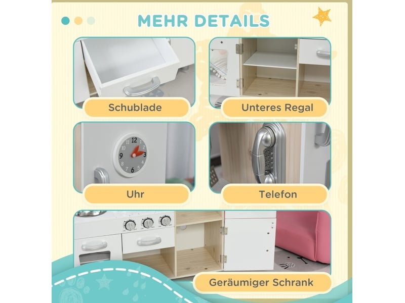  Cuisine jouet pour enfants avec accessoires, 74x30x81 cm, rangement, bois et mdf, blanc  - Conforama D