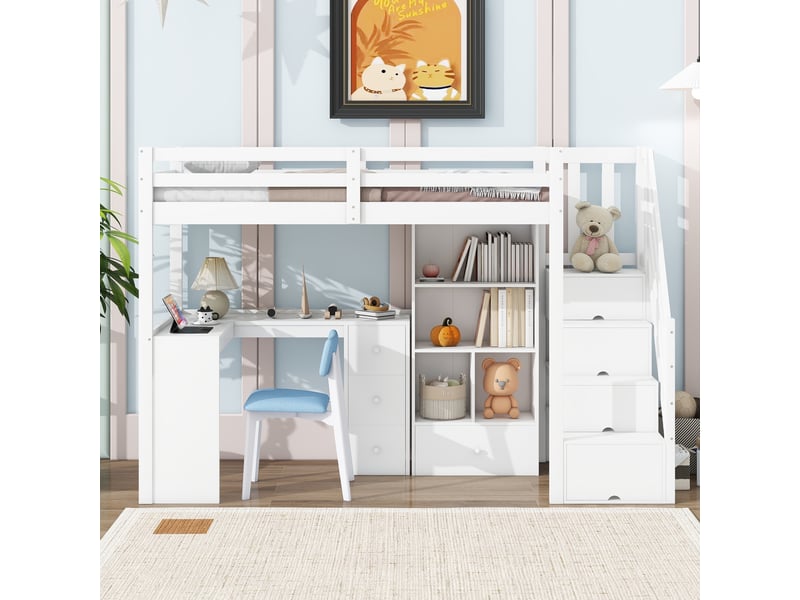 Lit mezzanine 90x200 cm avec 4 tiroirs, 4 niches et bureau, pin et mdf, blanc, sans matelas - Conforama B