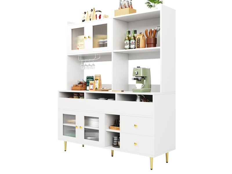 Buffet haut 145 x 39 x 171 cm en mdf, portes en verre strié, blanc et doré - Conforama A
