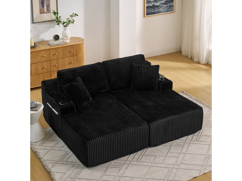 Canapé convertible 2 places relax, poche latérale et porte-gobelet, tissu côtelé noir - Conforama C