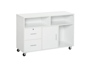 Support d'imprimante à 2 tiroirs meuble de rangement sur roulettes étagères ouvertes et placard, blanc, 100 x 35 x 65 cm