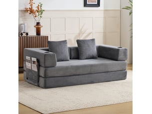 Sofa lit convertible gris foncé, lit d'appoint avec accoudoirs rétractables et support lombaire, confortable, avec porte-gobelet et poches latérales, tissu velours côtelé, pour salon et chambre