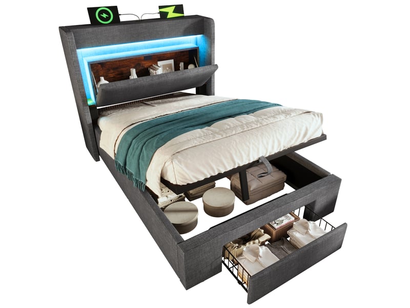  Modenvie lit coffre 90x200 cm - rangement hydraulique, led et ports usb usb-c, avec matelas - gris  - Conforama A