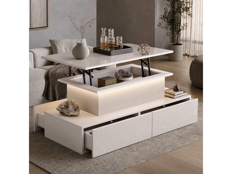  Table basse avec 4 tiroirs et plateau relevable et led, en panneaux de particules, blanc, 90 × 55 × 41 cm - uvrion  - Conforama B