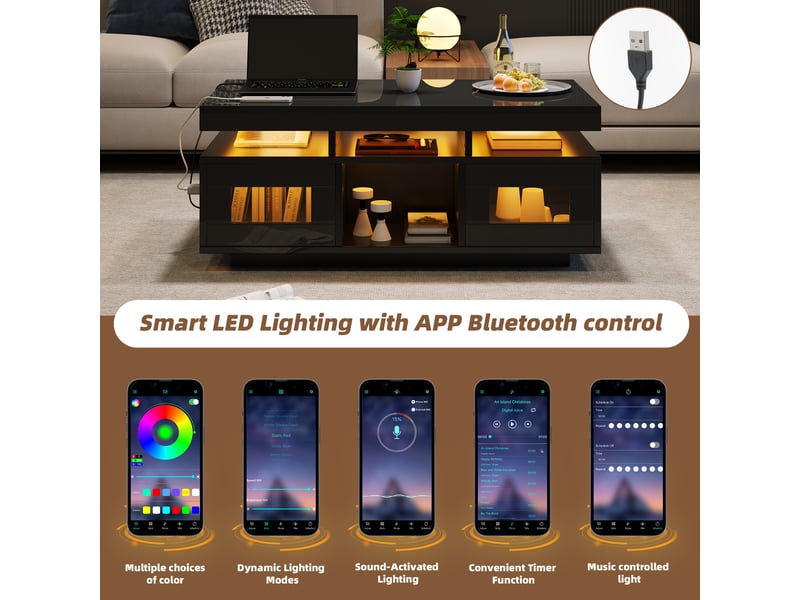  Table basse noire laquée avec led et prise de charge, 100x50x43 cm, panneau de particules, noir.  - Conforama D