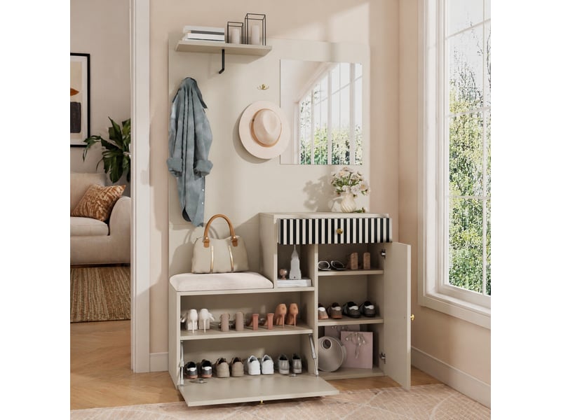  Meuble d'entrée avec miroir, assise rembourrée, crochets et étagères réglables en mdf beige crème 110 × 37 × 185,5 cm  - Conforama D