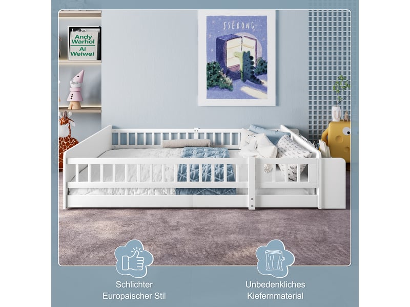  Lit enfant 140x190 blanc, lit avec rangement ouvert et étagères, cadre en bois de pin, barrière ouvrable, sans matelas.  - Conforama W