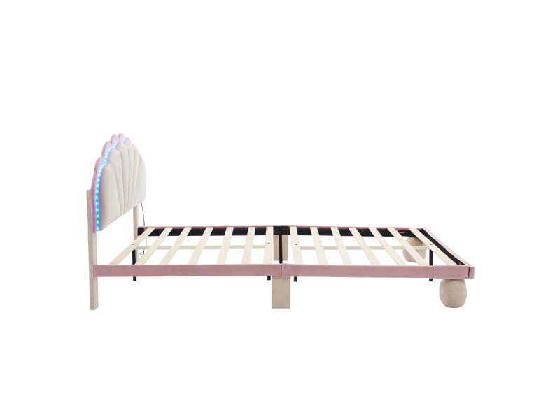  Lit rembourré enfant 140x200 cm avec led multicolore, tête de lit ondulée, velours beige rose, pieds ronds  - Conforama E