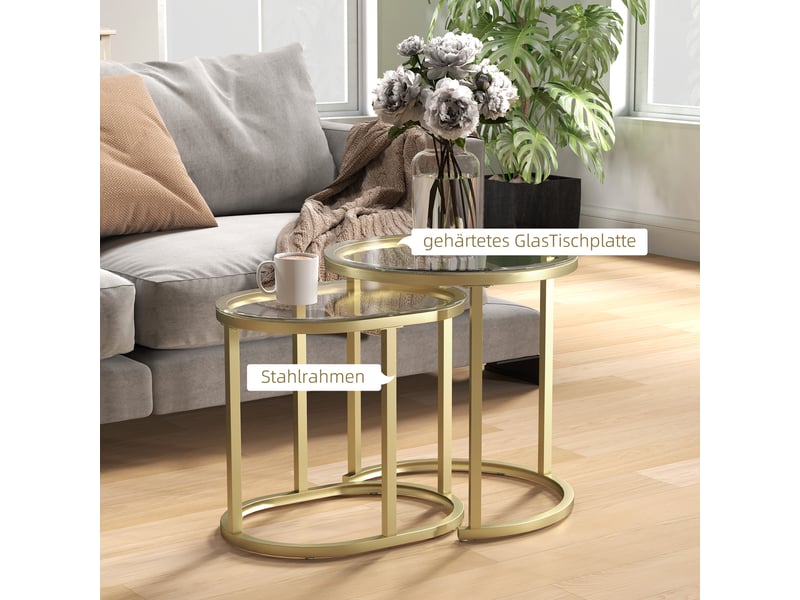 Tables basses gigognes lot de 2 empilables - lpospi - pieds réglables, plateau en verre trempé, acier - doré  - Conforama E