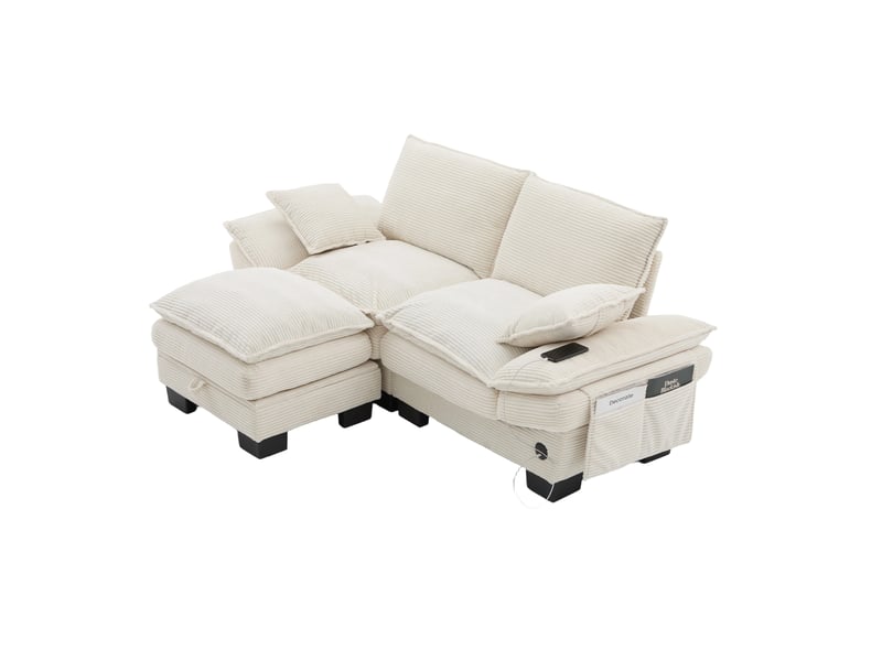 Canapé modulable, canapé 2 places – en velours tricoté, poches latérales, beige, mousse haute densité, port usb, avec pouf - Conforama B