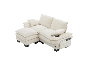 Canapé modulable, canapé 2 places – en velours tricoté, poches latérales, beige, mousse haute densité, port usb, avec pouf