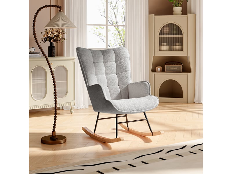  Gray teddy bear plush rocking chair, square tufted high-backed cushioned rocking chair with wooden rocking rod, suitable for bedroom, nursery, and living room.  - Conforama E
