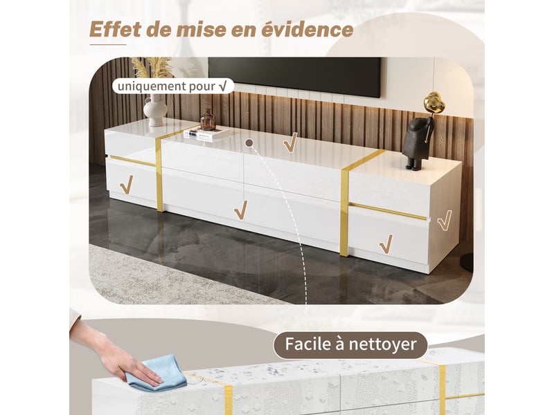  Meuble tv avec 4 tiroirs et 2 portes pour salon 180×40×38 cm en mdf et panneaux de particules blanc  - Conforama C