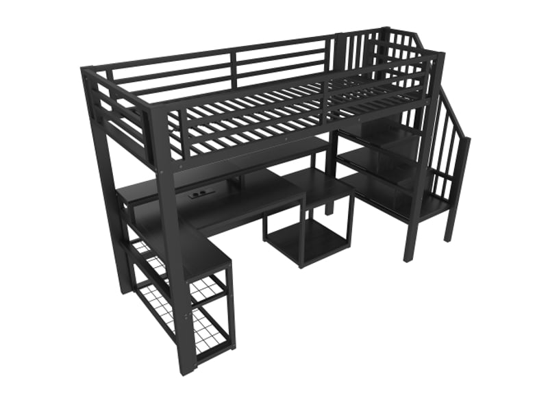  Lit mezzanine en fer noir 90x200 cm – rangement, escalier, barrière de sécurité, led, bureau, usb, sans matelas  - Conforama A