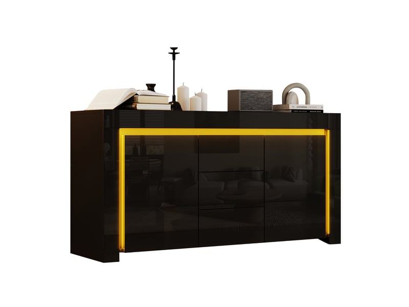  Buffet 140x40x65 cm, 2 portes, 3 tiroirs, éclairage led, design moderne, mdf noir, finition laquée brillante, rangement  - Conforama A