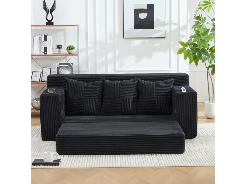  Canapé convertible 3 places 172 x 87 cm – noir – velours côtelé, porte-gobelets et poches latérales  - Conforama B