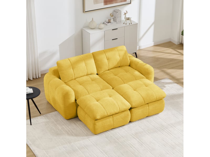  Canapé modulaire 2 places sans cadre avec 2 poufs, assise profonde et accoudoirs en chenille jaune, 194 × 160 × 68 cm  - Conforama D