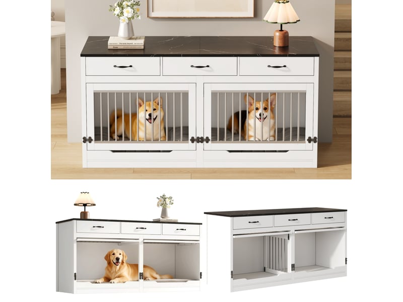  Console 3 tiroirs 164x60x81 cm, grand espace de rangement, structure métallique et panneaux mdf blancs et noirs  - Conforama E
