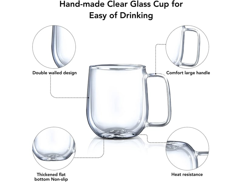  Tasse double paroi en verre 350ml avec poignée – set de 2 mugs en verre  - Conforama E