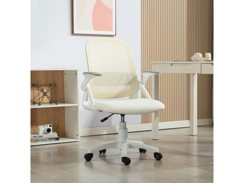  Chaise de bureau ergonomique pivotante en maille respirante, avec accoudoirs rabattables et soutien lombaire, blanche  - Conforama C