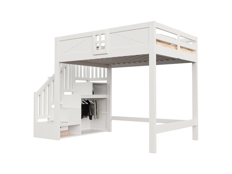  Lit mezzanine 140 x 200 cm avec escalier de rangement réversible, blanc  - Conforama A