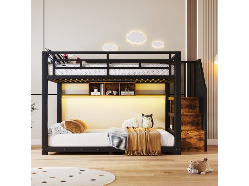  Lit superposé 140 x 200 cm, avec led, escalier avec rangement, 3 compartiments, garde-corps, sans matelas, métal, noir OMNIGLINT TRADING LTD - Conforama C