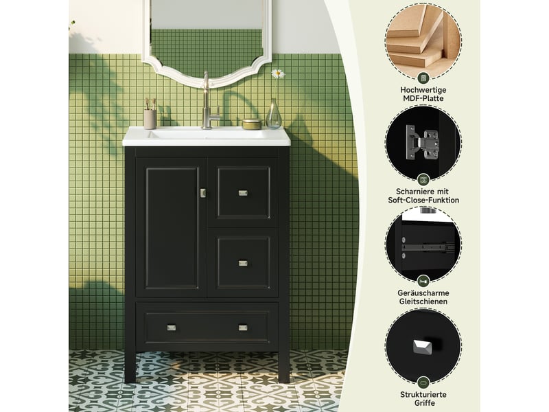 Meuble vasque mdf et céramique 62×47×90 cm, finition laquée, 3 tiroirs silencieux et 1 porte à fermeture amortie - Conforama E